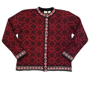 LL Bean Sweater Womens Medium Red Black Nordic 100% Merino Wool Cardigan